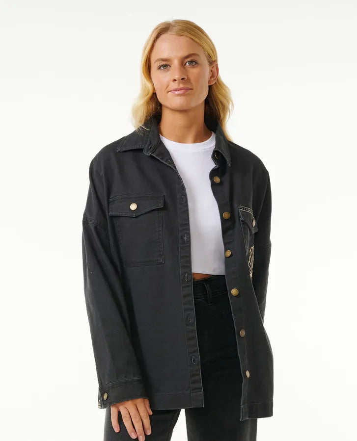 Veste en jeans brodée Soleil - Washed Black