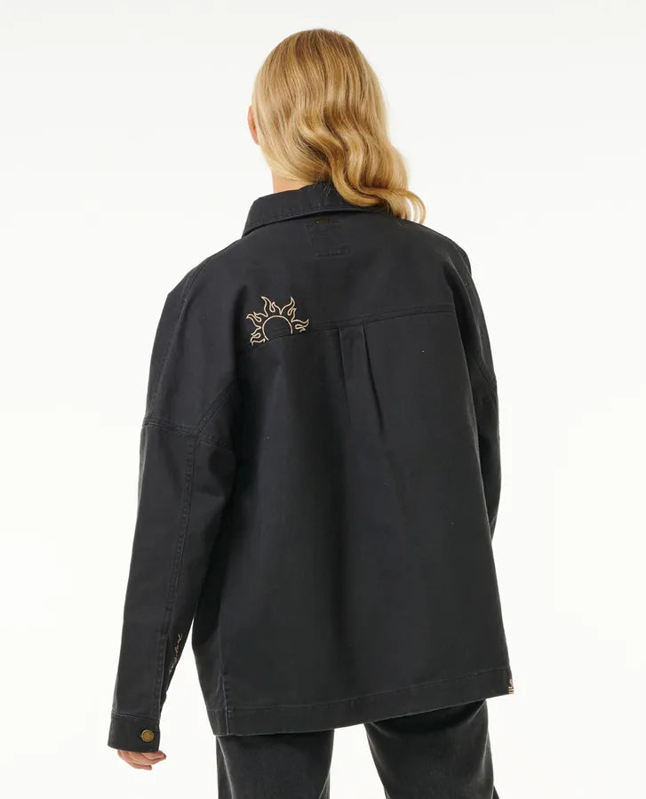 Sun Embroidered Denim Jacket - Washed Black