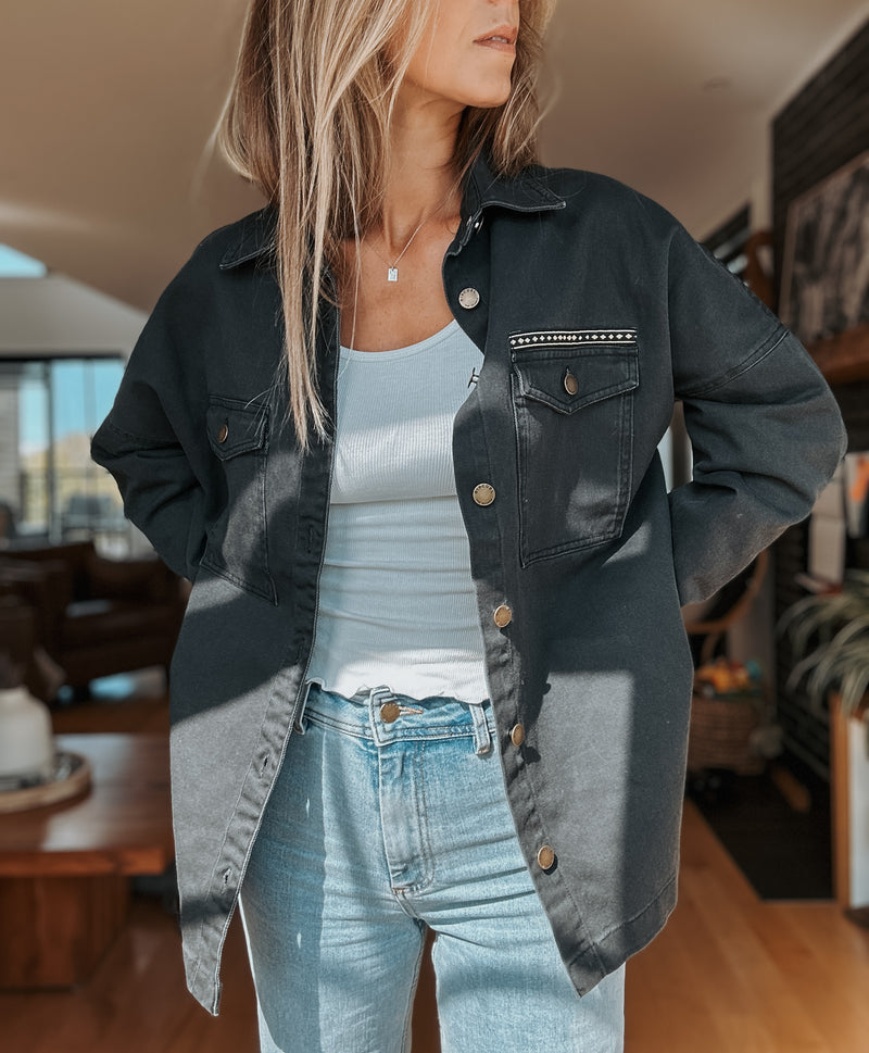 Veste en jeans brodée Soleil - Washed Black