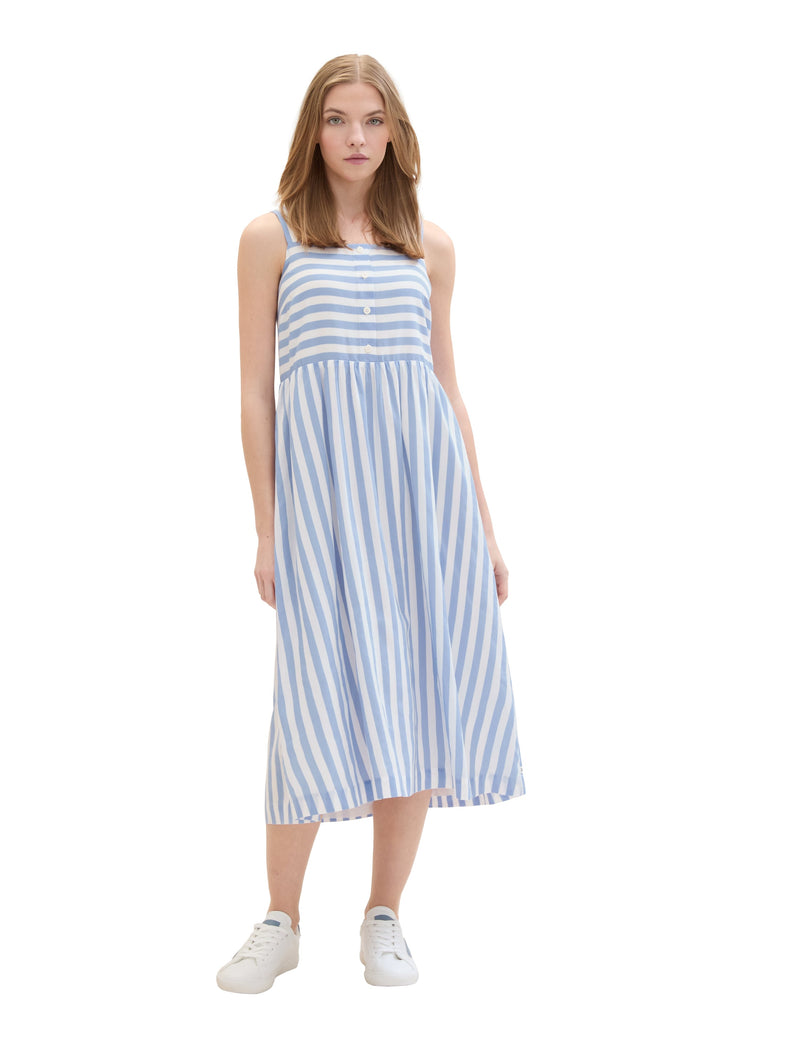 Midi Dress with Buttons - Mid Blue White Stripe