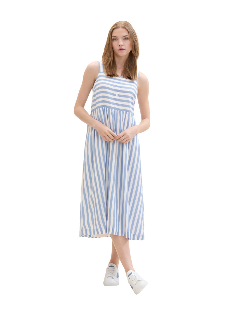 Midi Dress with Buttons - Mid Blue White Stripe