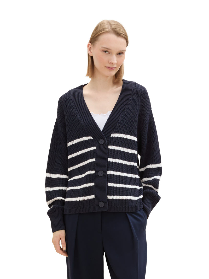 Cardigan col en v en tricot - Navy White Stripes