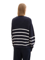 Cardigan col en v en tricot - Navy White Stripes