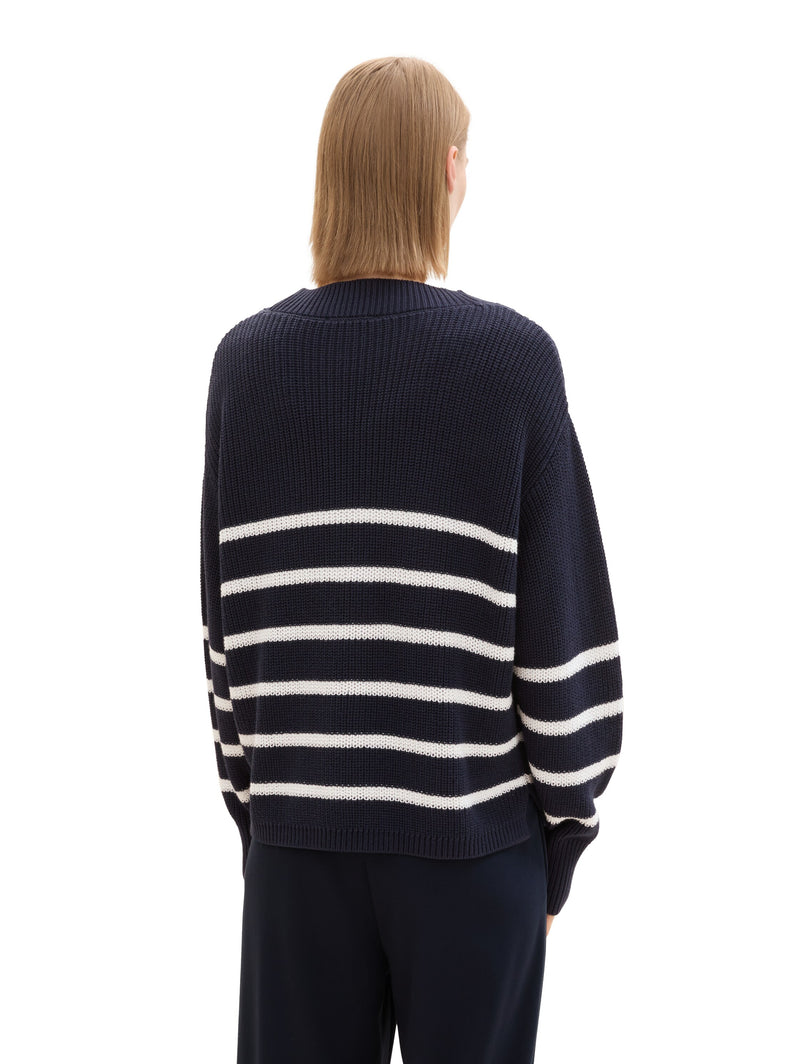 Knit v-neck cardigan - Navy White Stripes