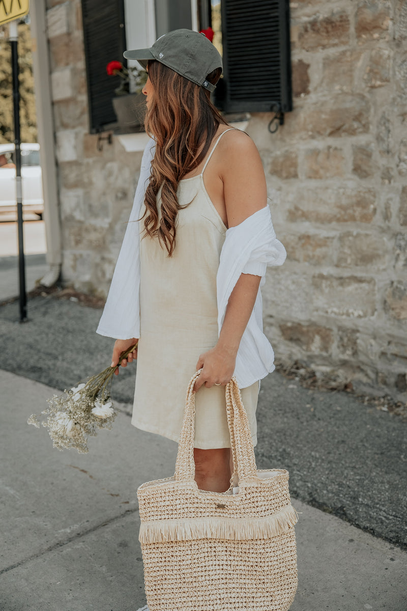 Premium Linen Slip Dress - Sage/Off White