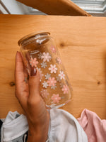 Tasse à café en verre (avec couvercle et paille) - Fleurs roses