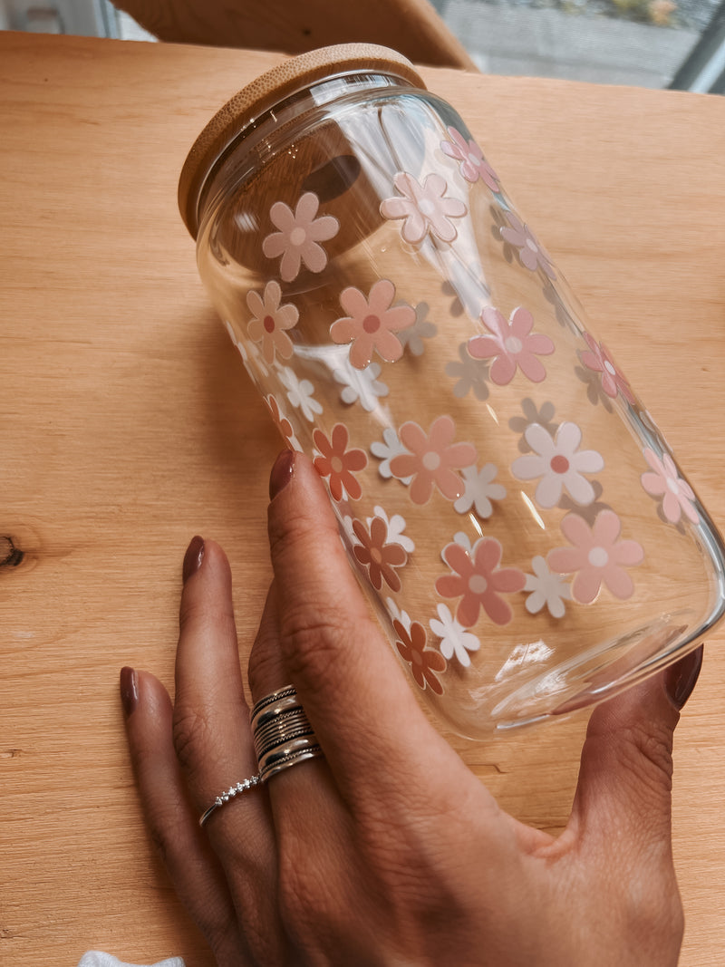 Tasse à café en verre (avec couvercle et paille) - Fleurs roses