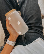 Tasse à café en verre (avec couvercle et paille) - Fleurs blanches