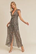 Printed midi dress with slit - Black Camel