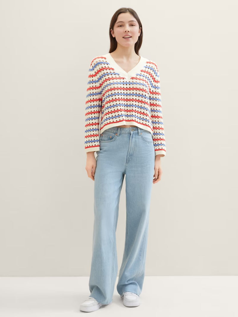 Long-sleeved striped knit - blue red white stripe
