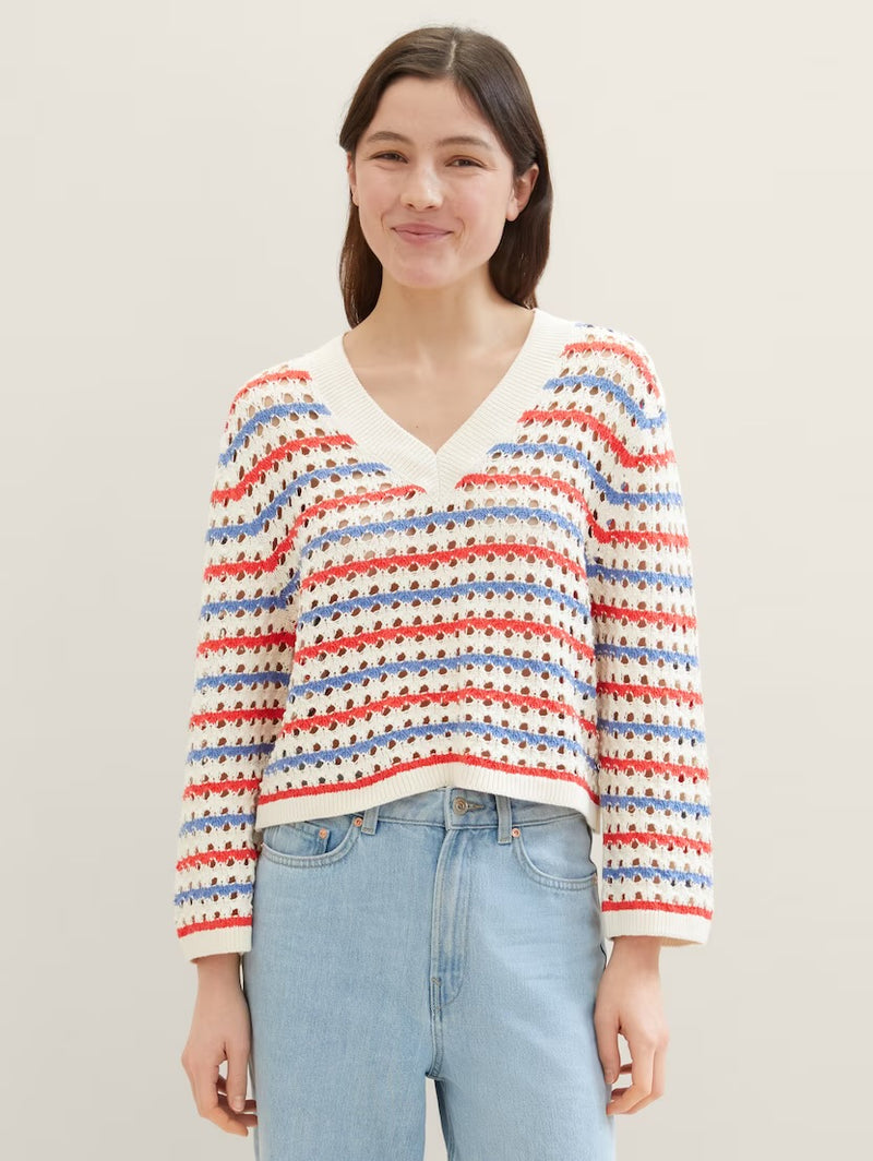 Long-sleeved striped knit - blue red white stripe