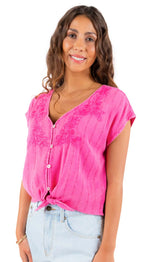 Tiki Embroidered Blouse - Hot Pink