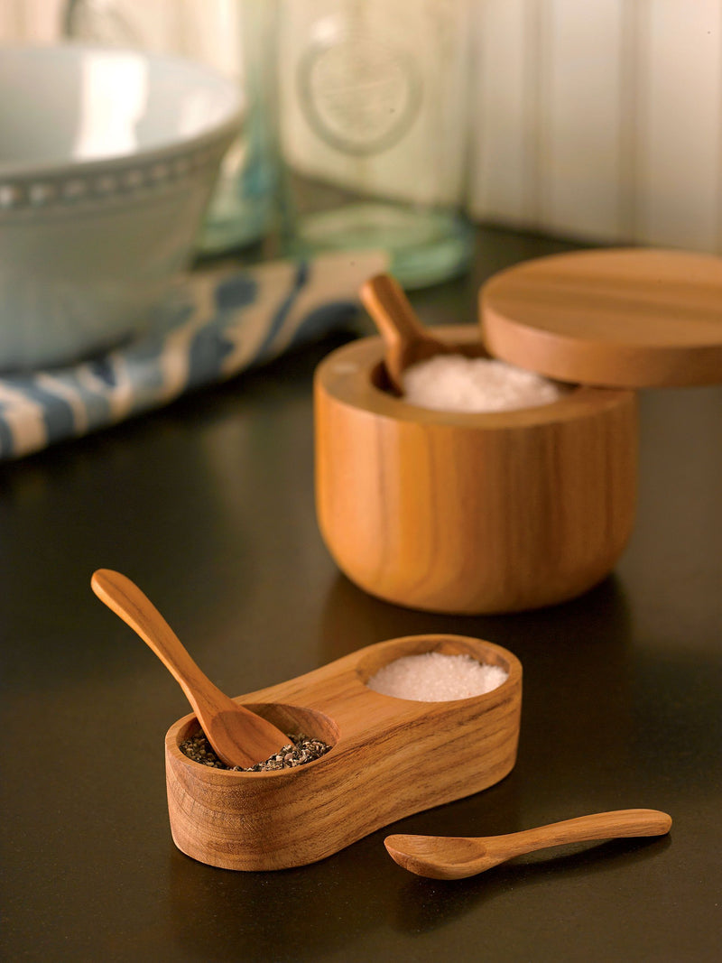 Double salt and pepper cellar - in teak shaped by hand