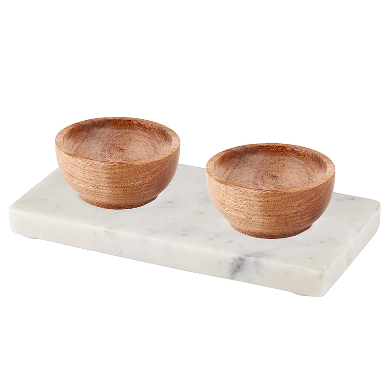 Double marble tray (wooden bowls included) - White Marble