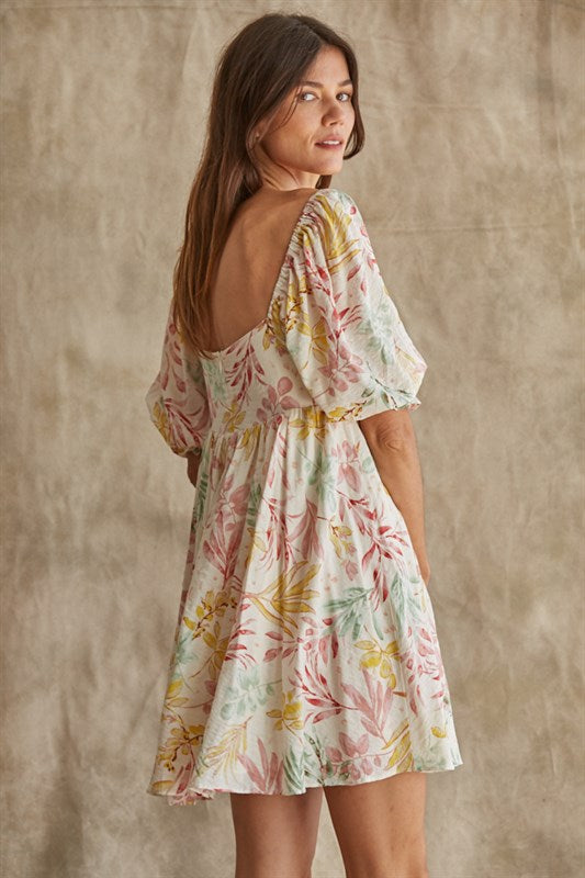 Robe à encolure carrée et manche bouffantes - Cream Multi