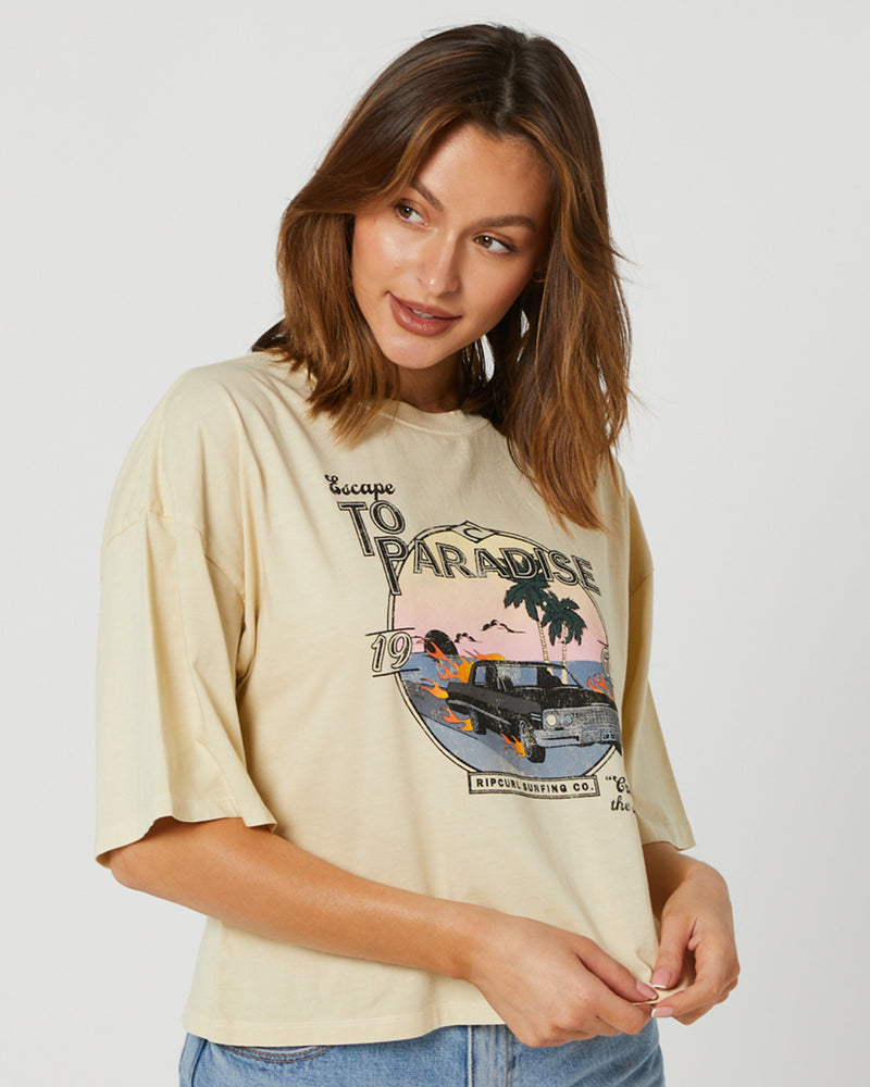 T-shirt vintage court à coupe carrée Escape to Paradise - Natural